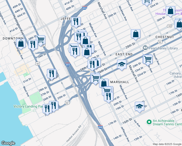 map of restaurants, bars, coffee shops, grocery stores, and more near 2607 Jefferson Avenue in Newport News