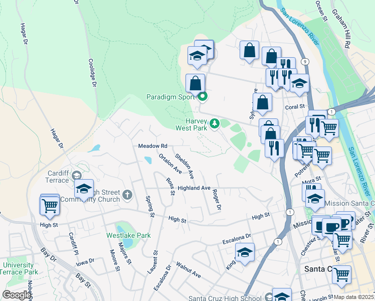 map of restaurants, bars, coffee shops, grocery stores, and more near 256 Meadow Court in Santa Cruz