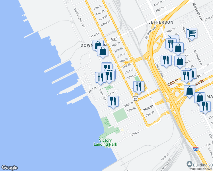 map of restaurants, bars, coffee shops, grocery stores, and more near 150 33rd Street in Newport News