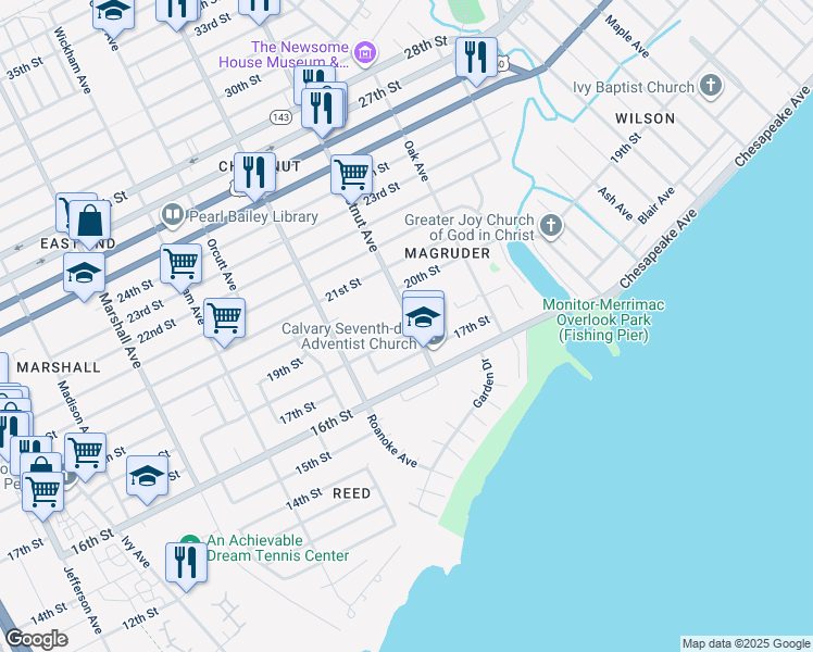 map of restaurants, bars, coffee shops, grocery stores, and more near 1163 18th Street in Newport News