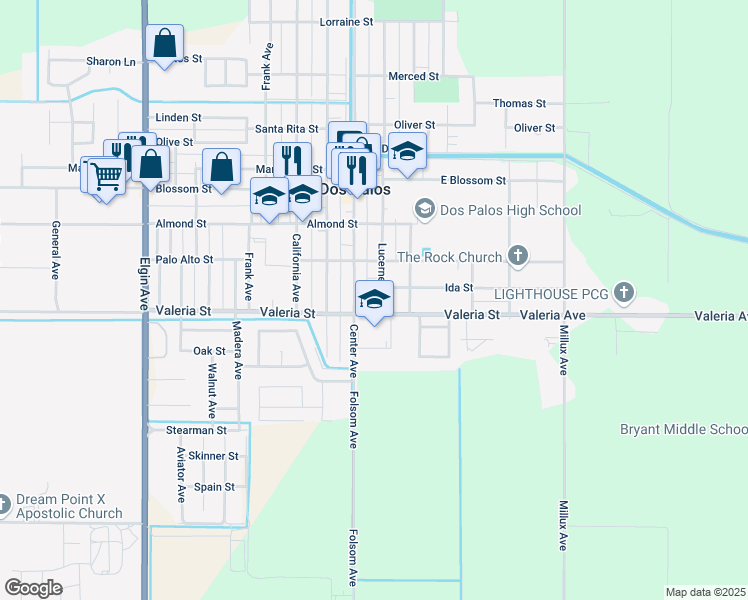 map of restaurants, bars, coffee shops, grocery stores, and more near 1801 Lucerne Avenue in Dos Palos