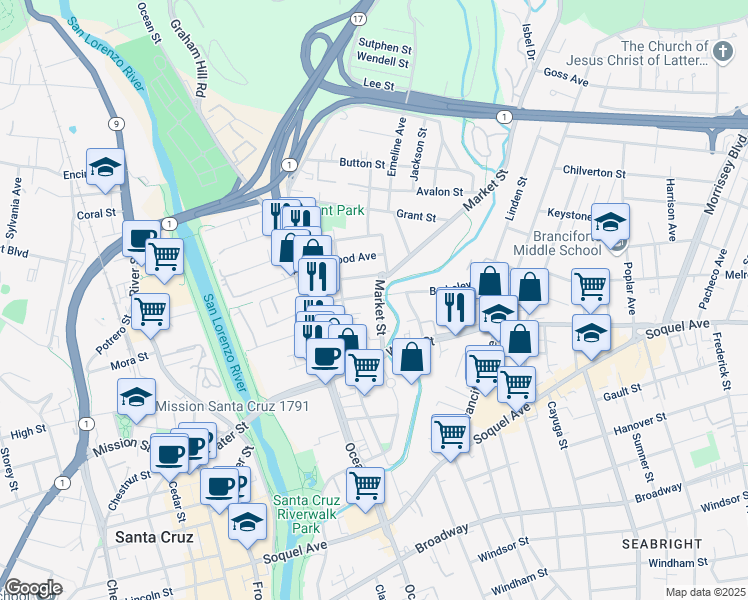 map of restaurants, bars, coffee shops, grocery stores, and more near 157 Market Street in Santa Cruz