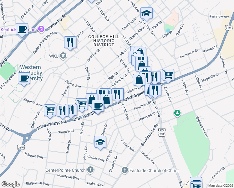 map of restaurants, bars, coffee shops, grocery stores, and more near 1362 Kenton Street in Bowling Green