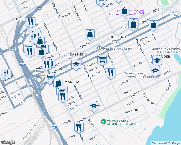 map of restaurants, bars, coffee shops, grocery stores, and more near 810 23rd Street in Newport News