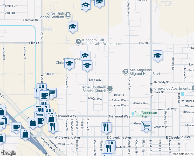 map of restaurants, bars, coffee shops, grocery stores, and more near 228 East Adell Street in Madera