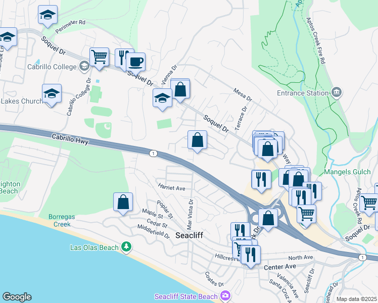map of restaurants, bars, coffee shops, grocery stores, and more near 2643 Mar Vista Drive in Aptos