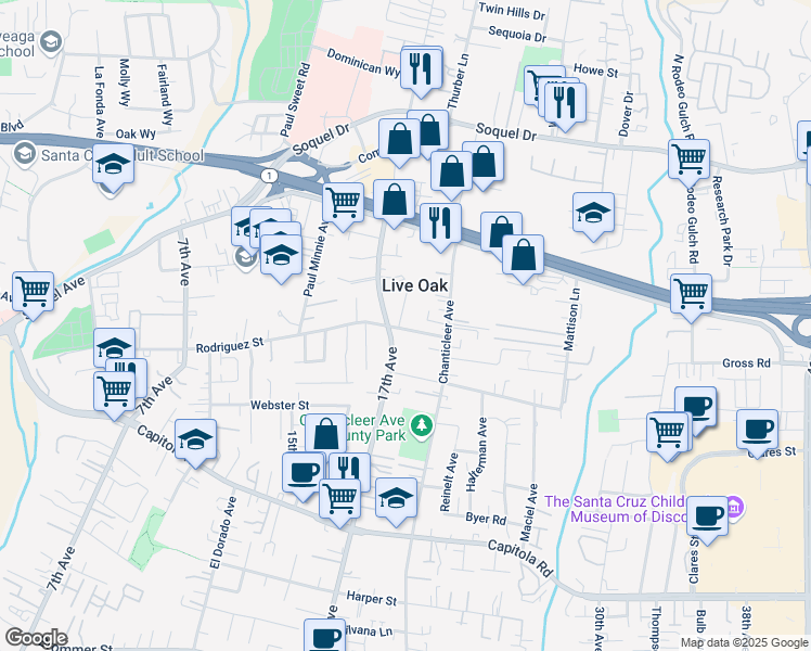 map of restaurants, bars, coffee shops, grocery stores, and more near 2200 17th Avenue in Santa Cruz