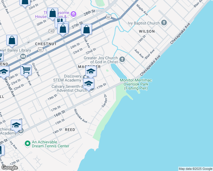 map of restaurants, bars, coffee shops, grocery stores, and more near 1262 17th Street in Newport News