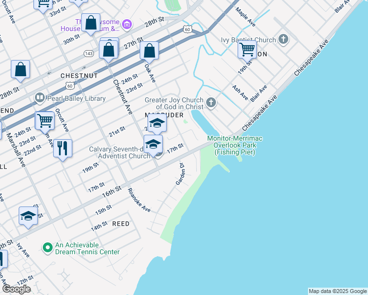 map of restaurants, bars, coffee shops, grocery stores, and more near 1262 17th Street in Newport News