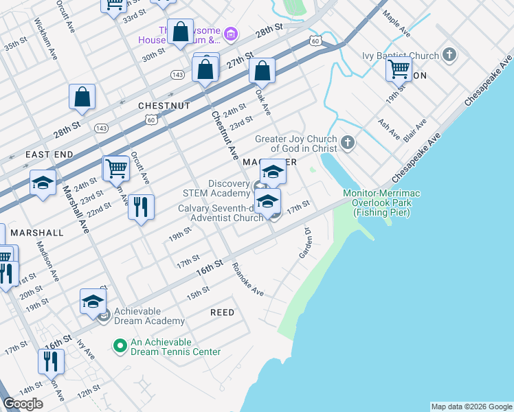 map of restaurants, bars, coffee shops, grocery stores, and more near 1163 18th Street in Newport News