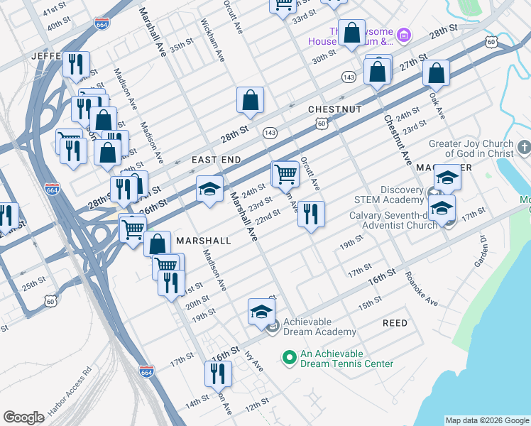 map of restaurants, bars, coffee shops, grocery stores, and more near 843 22nd Street in Newport News