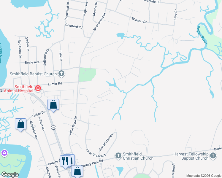 map of restaurants, bars, coffee shops, grocery stores, and more near 306 Lakeview Cove in Smithfield