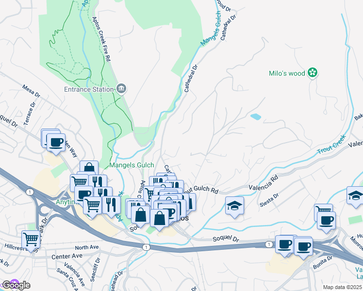map of restaurants, bars, coffee shops, grocery stores, and more near 532 Moonrise Lane in Aptos