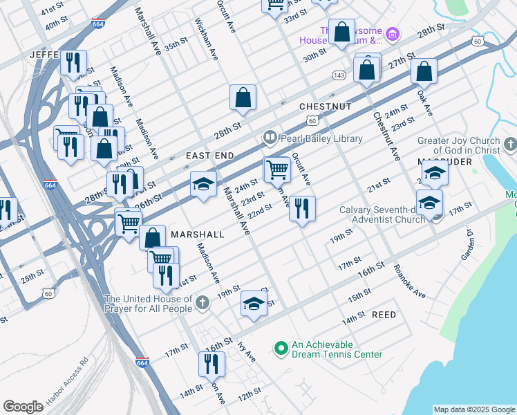 map of restaurants, bars, coffee shops, grocery stores, and more near 843 22nd Street in Newport News