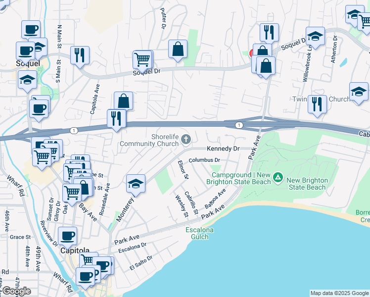 map of restaurants, bars, coffee shops, grocery stores, and more near 837 Monterey Avenue in Capitola