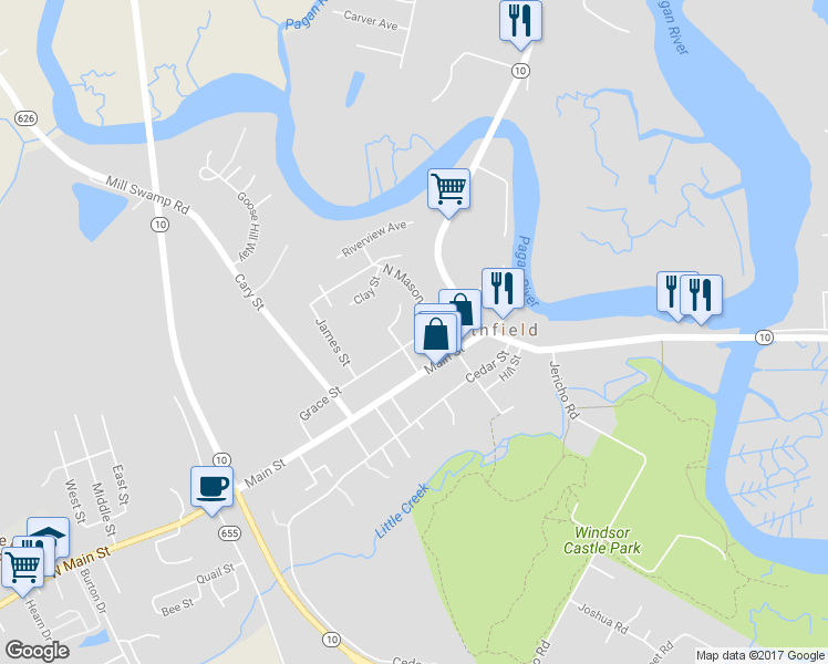 map of restaurants, bars, coffee shops, grocery stores, and more near 222 Grace Street in Smithfield
