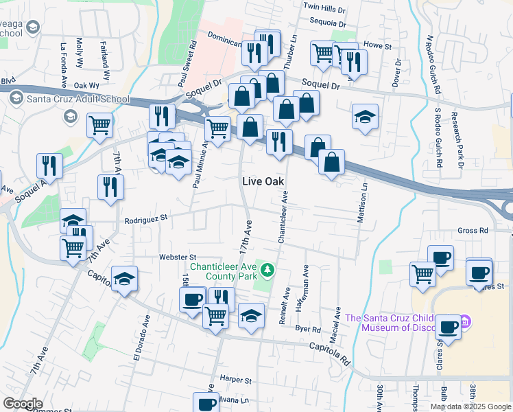 map of restaurants, bars, coffee shops, grocery stores, and more near 2200 17th Avenue in Santa Cruz