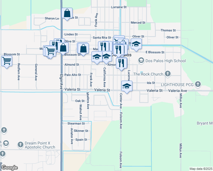 map of restaurants, bars, coffee shops, grocery stores, and more near 1817 California Avenue in Dos Palos