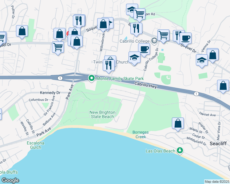 map of restaurants, bars, coffee shops, grocery stores, and more near 930 Pinetree Lane in Aptos