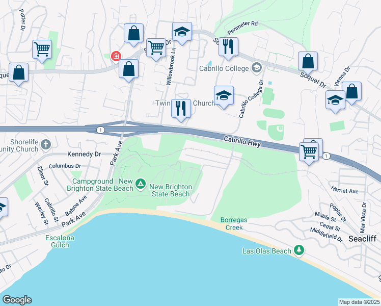 map of restaurants, bars, coffee shops, grocery stores, and more near 930 Pinetree Lane in Aptos