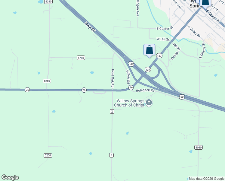 map of restaurants, bars, coffee shops, grocery stores, and more near 2801 State Highway 76 in Willow Springs
