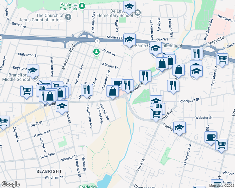 map of restaurants, bars, coffee shops, grocery stores, and more near 2025 Soquel Avenue in Santa Cruz