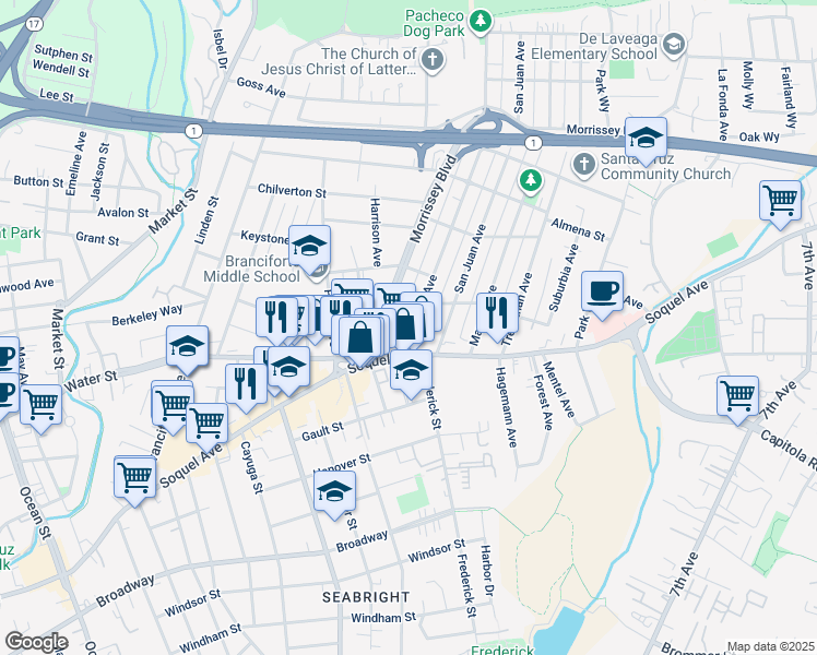 map of restaurants, bars, coffee shops, grocery stores, and more near 121 Pacheco Avenue in Santa Cruz