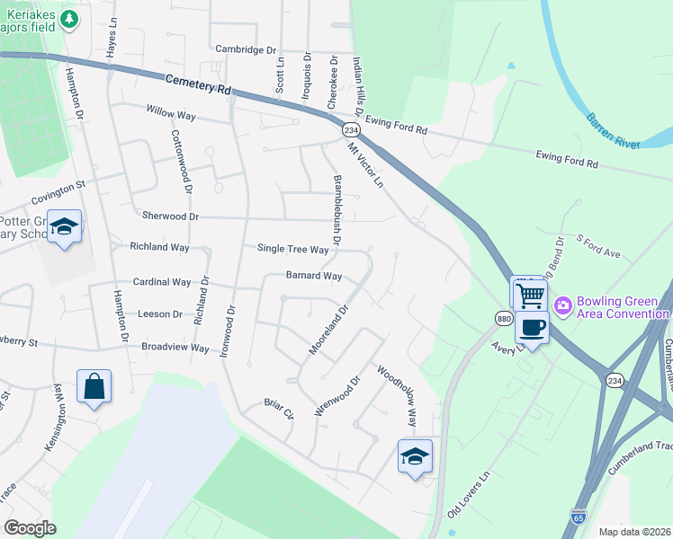 map of restaurants, bars, coffee shops, grocery stores, and more near 1700-1798 Barnard Way in Bowling Green