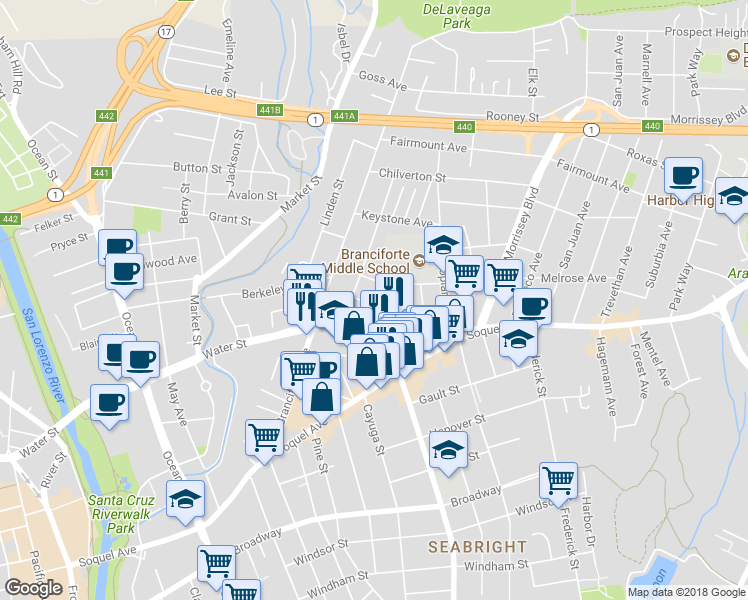 map of restaurants, bars, coffee shops, grocery stores, and more near 123 Dake Avenue in Santa Cruz