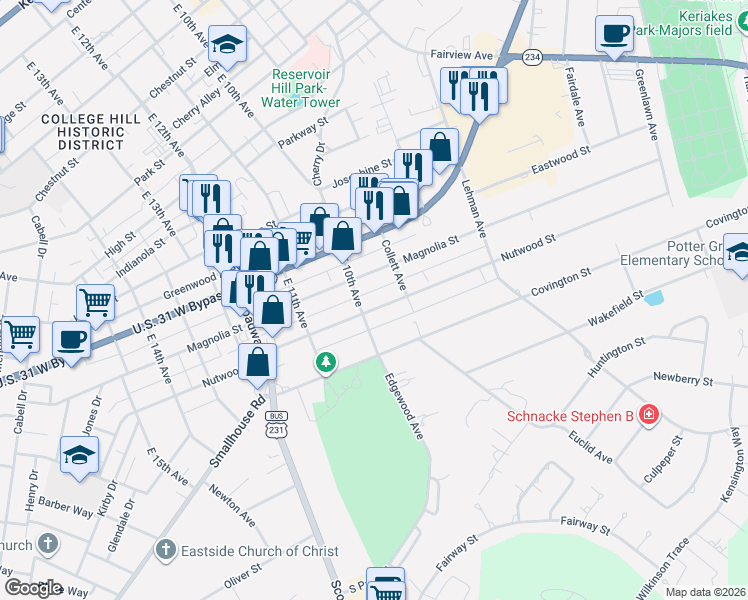 map of restaurants, bars, coffee shops, grocery stores, and more near 1126 East 10th Avenue in Bowling Green