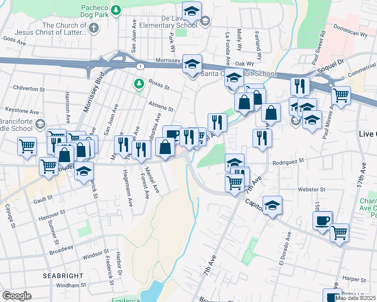 map of restaurants, bars, coffee shops, grocery stores, and more near Soquel Avenue in Santa Cruz