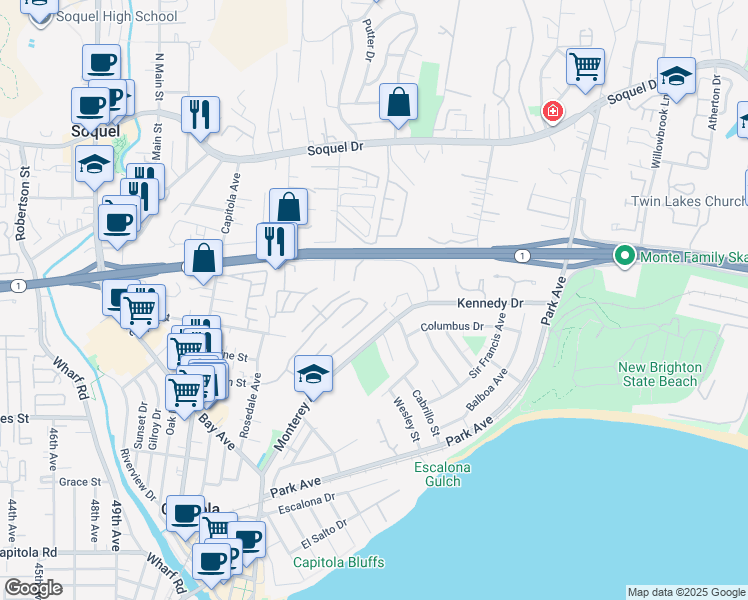 map of restaurants, bars, coffee shops, grocery stores, and more near 300 Plum Street in Capitola