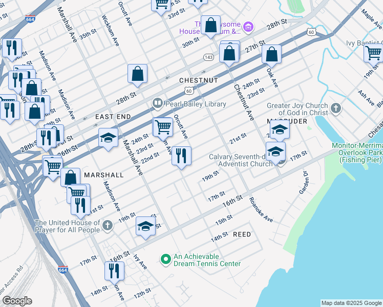map of restaurants, bars, coffee shops, grocery stores, and more near 934 Hampton Ave in Newport News