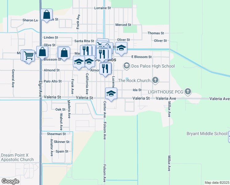 map of restaurants, bars, coffee shops, grocery stores, and more near 1801 Lucerne Avenue in Dos Palos