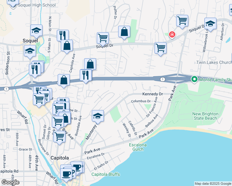 map of restaurants, bars, coffee shops, grocery stores, and more near 430 Kennedy Drive in Capitola