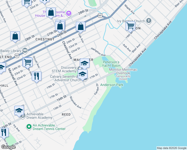 map of restaurants, bars, coffee shops, grocery stores, and more near 1245 17th Street in Newport News