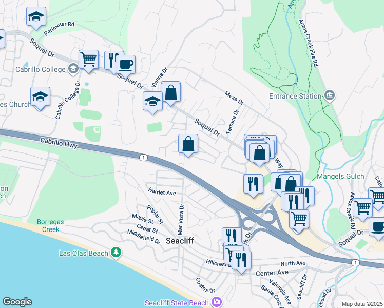 map of restaurants, bars, coffee shops, grocery stores, and more near 6 Primrose Street in Aptos