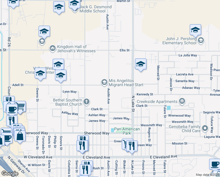map of restaurants, bars, coffee shops, grocery stores, and more near 26818 Adell Street in Madera