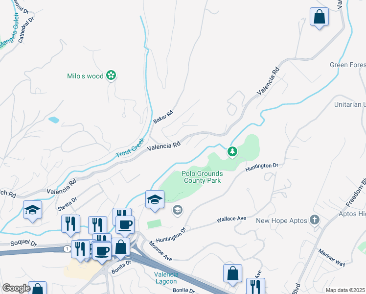 map of restaurants, bars, coffee shops, grocery stores, and more near 130 Indian Hollow Road in Aptos