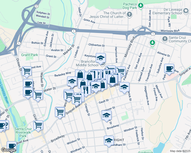 map of restaurants, bars, coffee shops, grocery stores, and more near 130 Magnolia Street in Santa Cruz