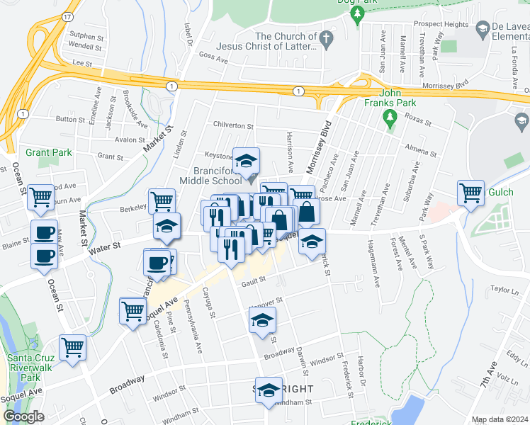 map of restaurants, bars, coffee shops, grocery stores, and more near 230 Poplar Avenue in Santa Cruz