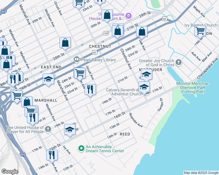 map of restaurants, bars, coffee shops, grocery stores, and more near 965 21st Street in Newport News
