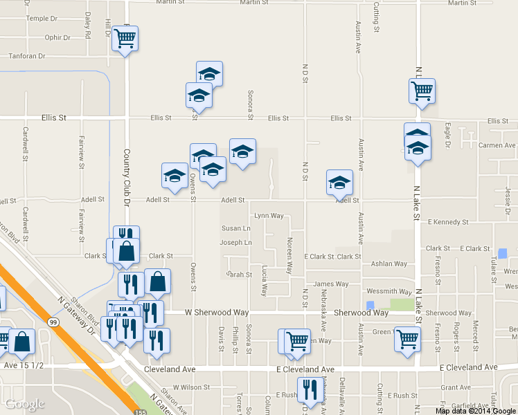 map of restaurants, bars, coffee shops, grocery stores, and more near 110 East Adell Street in Madera