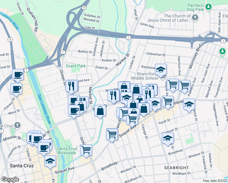 map of restaurants, bars, coffee shops, grocery stores, and more near 308 Berkeley Way in Santa Cruz