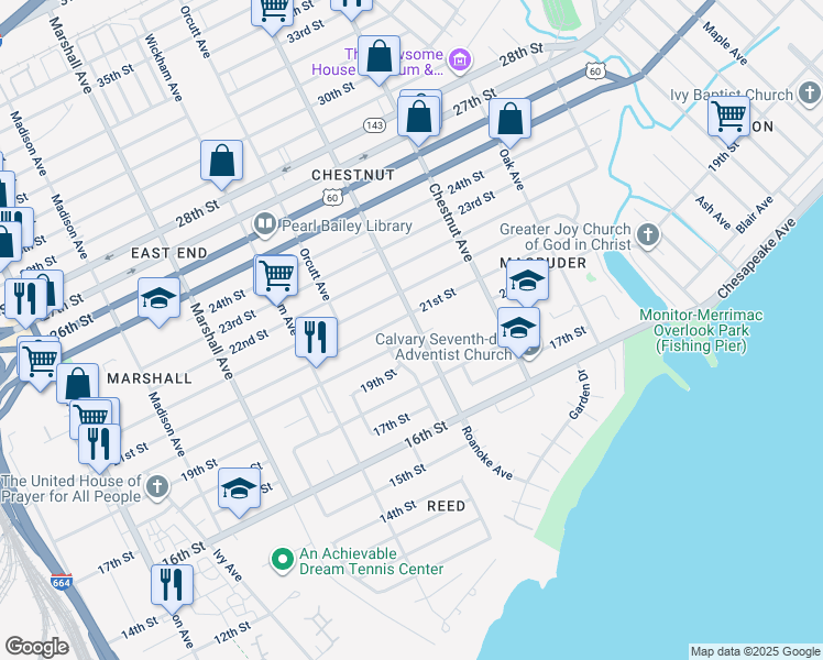 map of restaurants, bars, coffee shops, grocery stores, and more near 1021 20th Street in Newport News