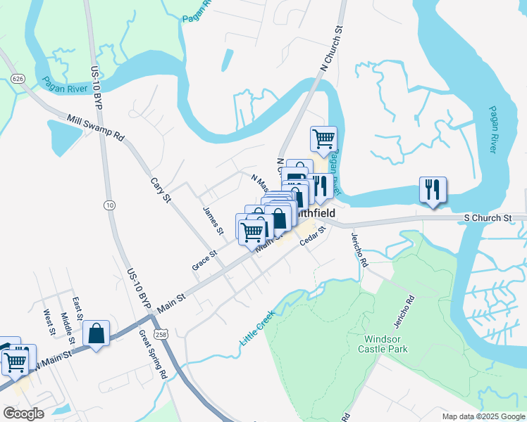 map of restaurants, bars, coffee shops, grocery stores, and more near 222 Grace Street in Smithfield