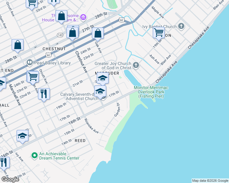 map of restaurants, bars, coffee shops, grocery stores, and more near 1245 17th Street in Newport News