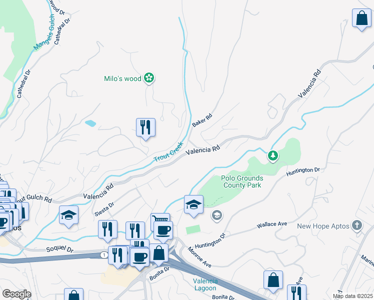 map of restaurants, bars, coffee shops, grocery stores, and more near 531 Valencia Road in Aptos