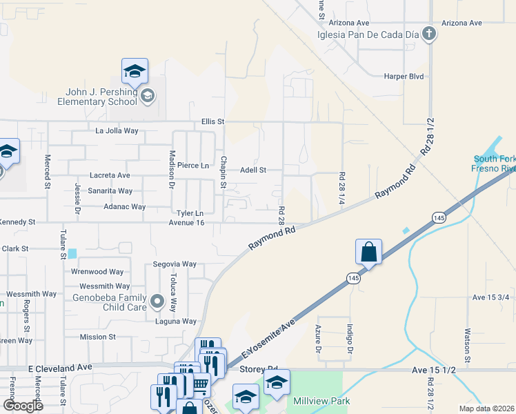 map of restaurants, bars, coffee shops, grocery stores, and more near 16134 Road 28 in Madera