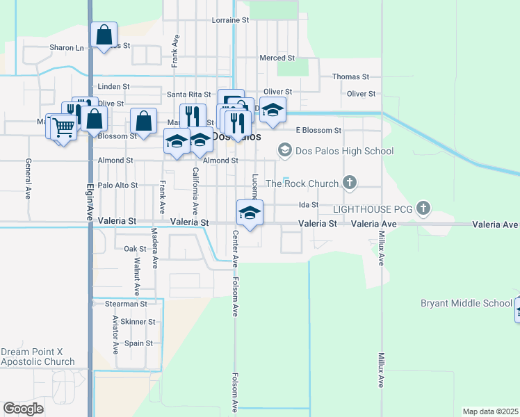 map of restaurants, bars, coffee shops, grocery stores, and more near 1801 Lucerne Avenue in Dos Palos